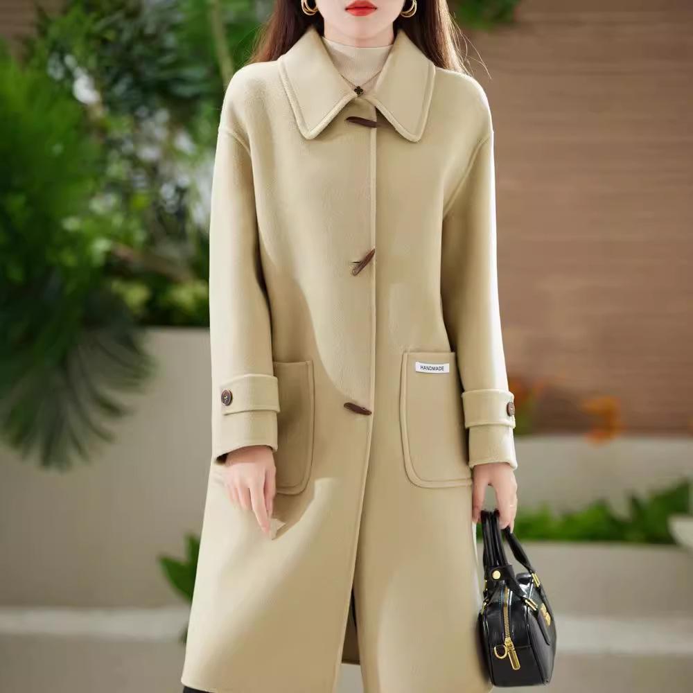 Women's Slim Fit Long Wool Coat with Wide Lapel and Toggle Closure - Double-Faced Woolen Overcoat for Autumn/Winter
