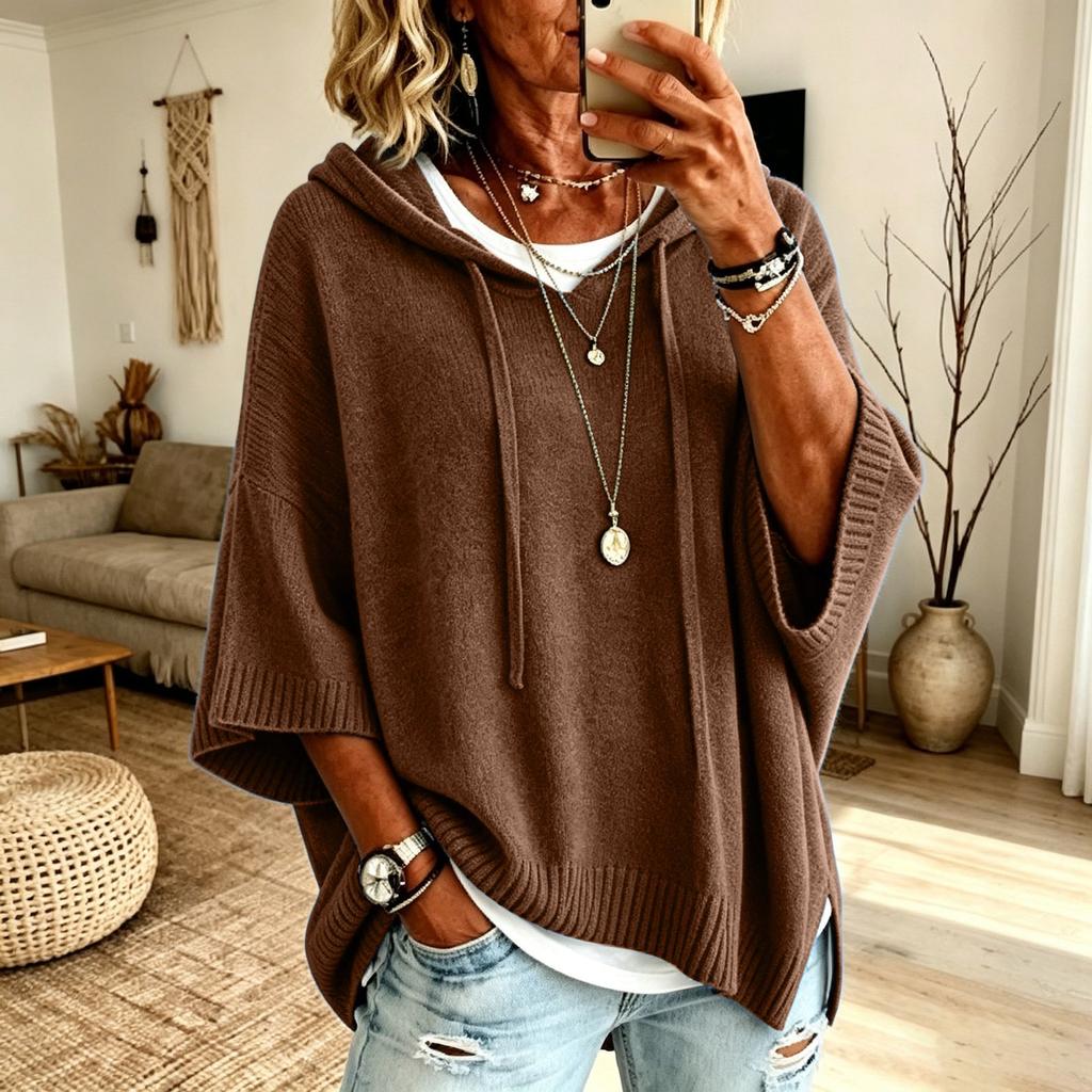 Maglione da Donna Colorato con Cappuccio e Coulisse, Maniche a Tre Quarti, Vestibilità Larga, Top Casual