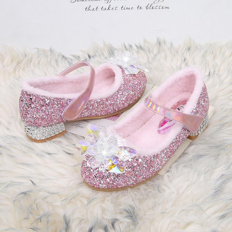 Elsa Princess Crystal High-Heeled Furry Velvet Children's Shoes - 2024 Autumn/Winter Collection