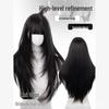 Women's Korean Style Lolita Long Straight Wig - Black Tea with Bangs, Breathable Full Head Cover