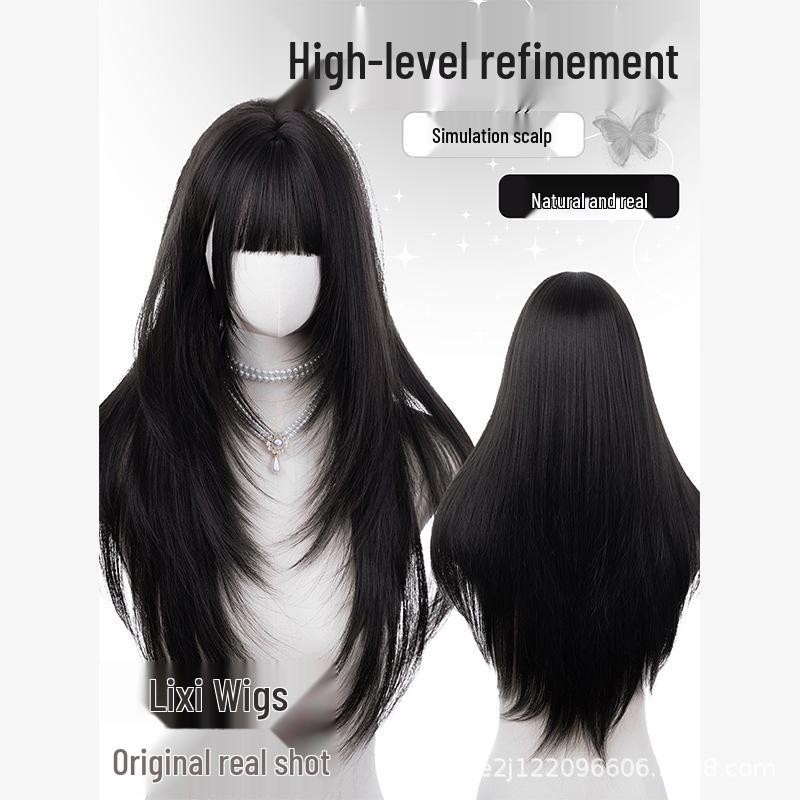 Damen Koreanischer Stil Lolita Lange Gerade Perücke - Schwarztee mit Pony, Atmungsaktive Vollkopfbedeckung dunkelbraune