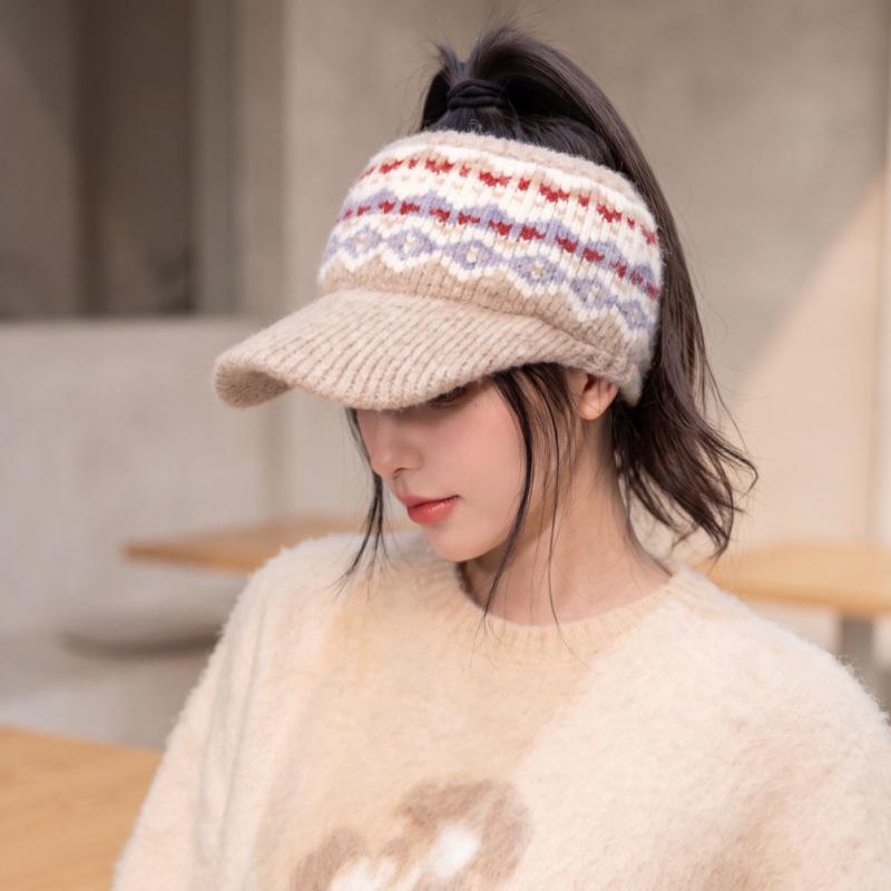 Autumn and winter new thickened warm knitted empty top hat color matching jacquard cap female versatile shows small face