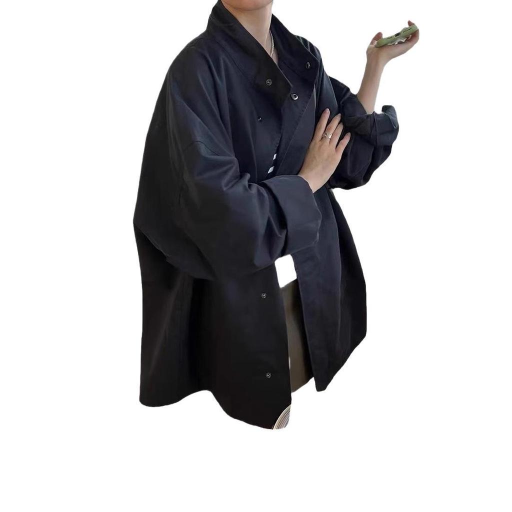 Korean Chic Spring Stand Collar Loose Long Sleeve Casual Trench Coat for Women