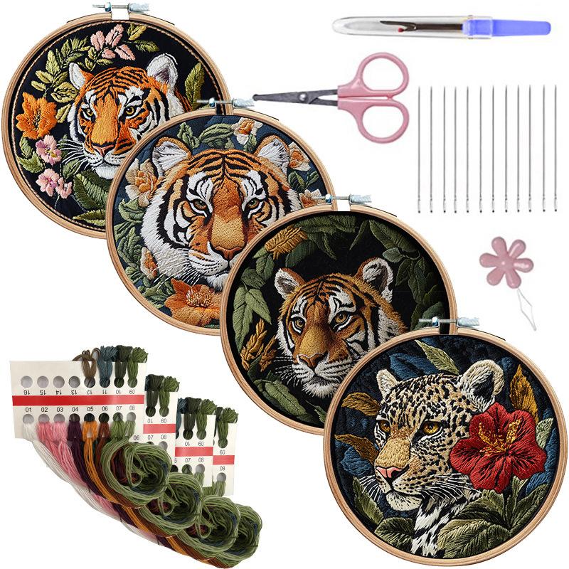 1pc Tiger and Flower Landscape Embroidery DIY Fabric Craft Kit with Tools