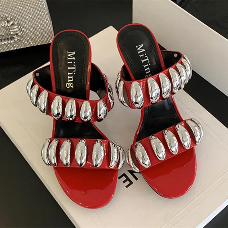 Fashion Luxury Metal Decorative Mules Slippers Women Summer Sexy Open Toe Elegant Thin High Heels Pumps Patent Leather Slide Sandals