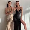 Women Satin V Neck Spaghetti Strap Bodycon Long Slip Dress