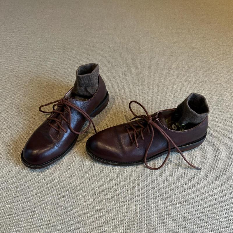 Sheepskin Version~ Retro Brown Lace-up Small Leather Shoes Women's Round Head Polishing Low Heel Comfortable Commuter Shoes Genuine Leather