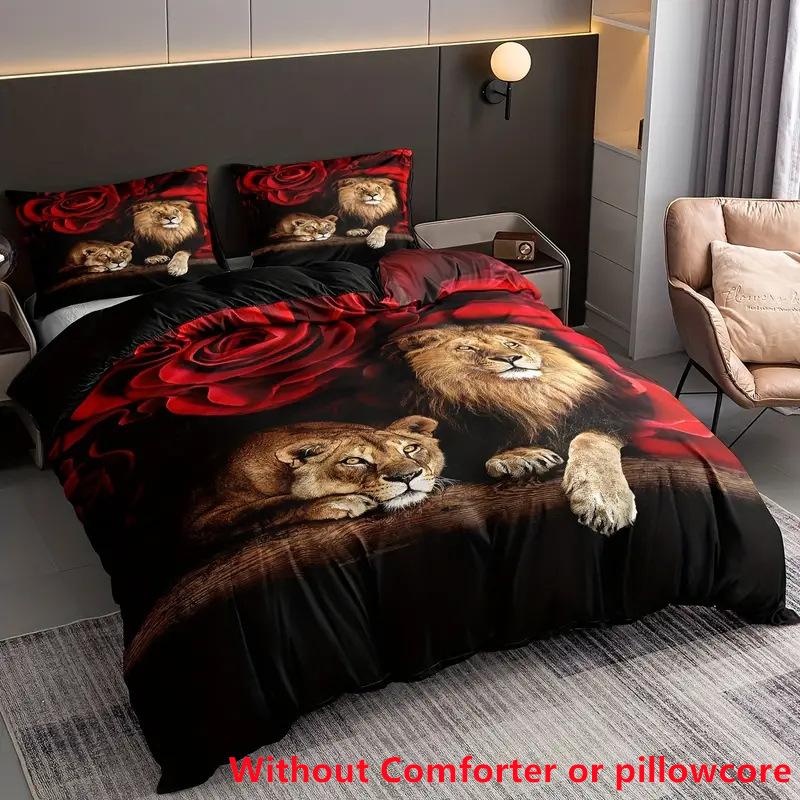 Thickened Polished Skin-Friendly Lion Digital Printing 3D Three-Piece Quilt Cover
