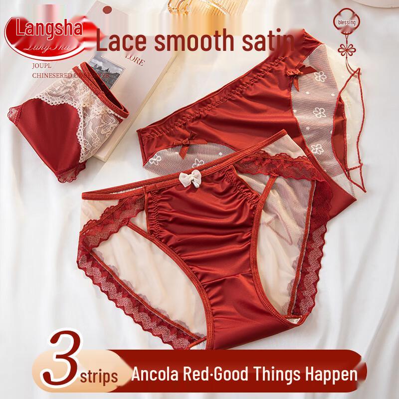 

Langsha Женские сексуальные красные кружевные атласные трусы, 3 шт. L