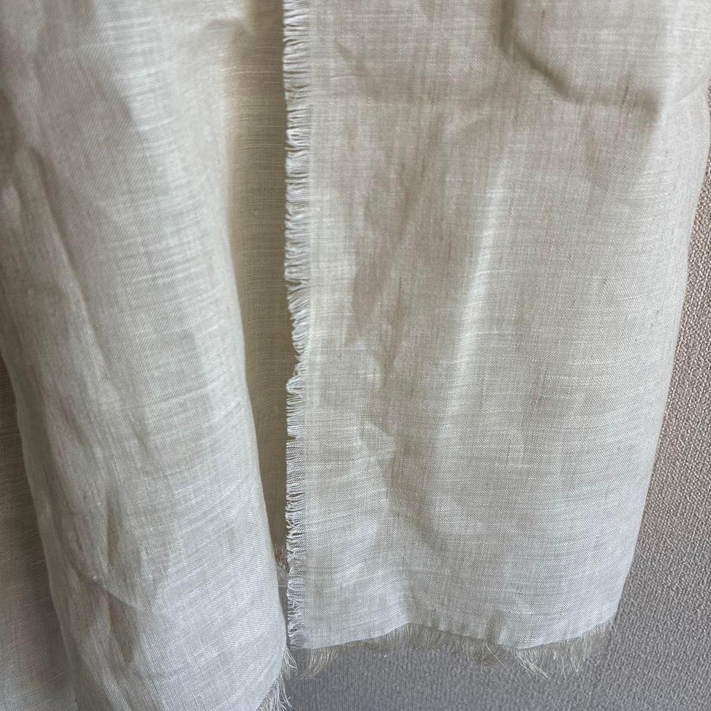 Used Handmade Stole, Ivory Linen, Fringed, Large Shawl