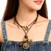 Western Styles Long Chain Necklace Artisanal Crafted Wax Cord Alloy Pendant Wooden Bead Accents Retro Fashion Accessory