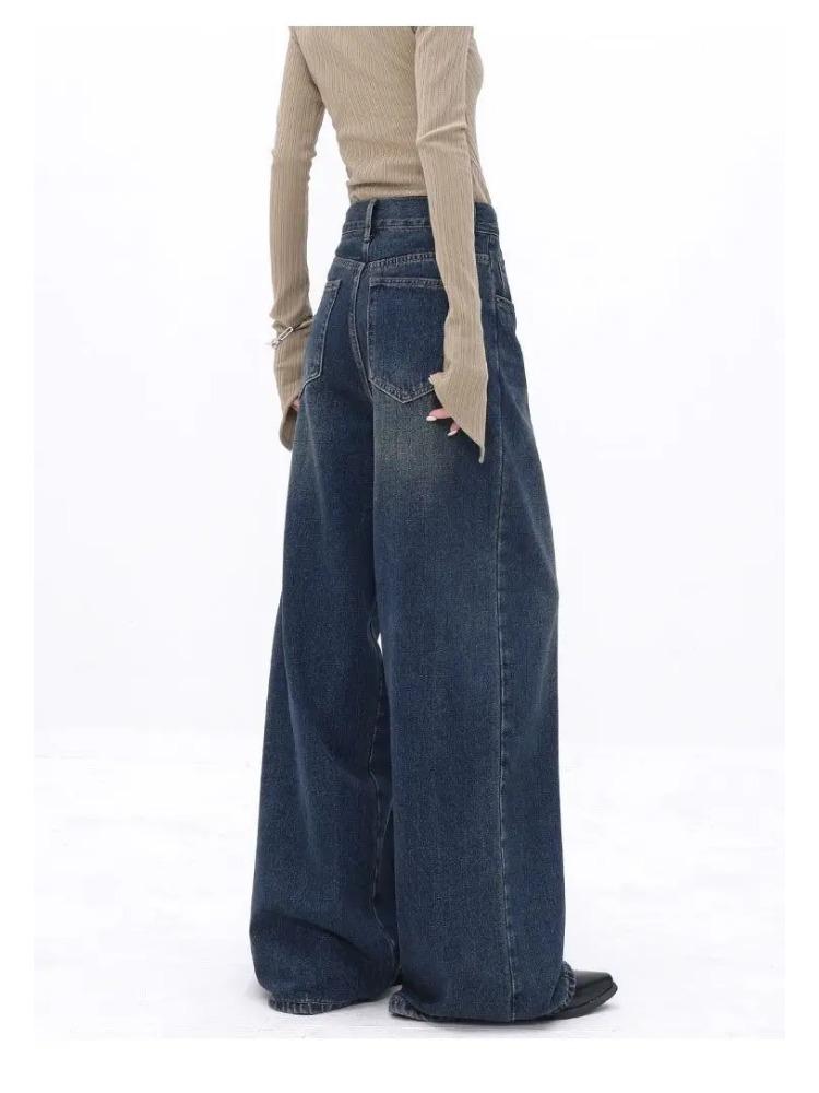 American Vintage High Waist Oversized Jeans Pants for Women Casual Baggy Y2K Wide Leg Fashion Streetwear Blue Denim Trouser