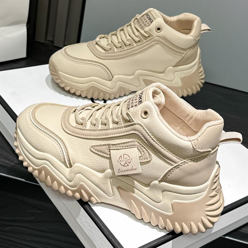 Spring and Autumn new leather breathable sneakers platform casual dad shoes high-top single shoes
