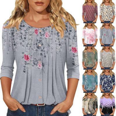 Women's Fashionable Casual Three,quarter Sleeve Button,down Retro Floral Round Neck Top