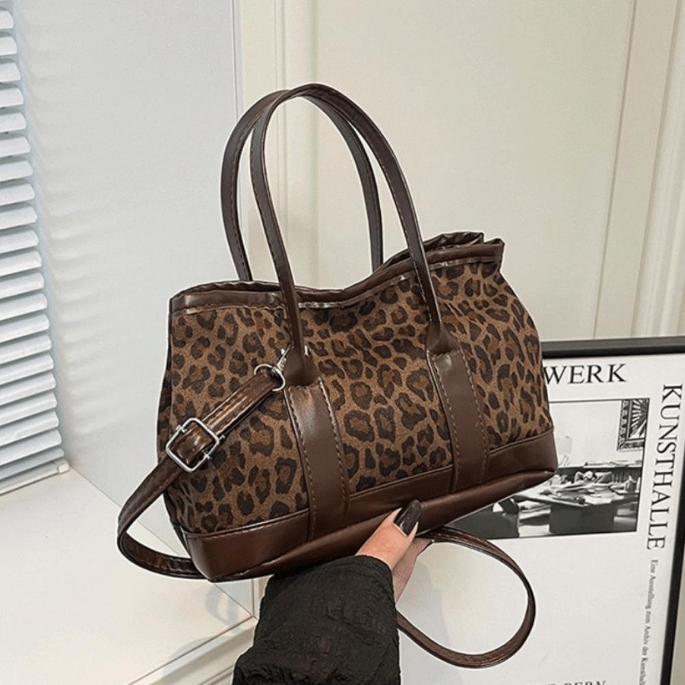 

Retro Faux Suede Tote Bag Plush Ladies Bucket Shoulder Bag Leopard Print Crossbody Bag Commuting Coffee