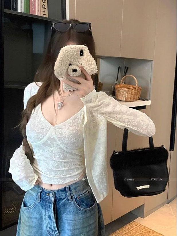 White Long Sleeve Jacket & Slim Fit Camisole Set - Women's Spring/Autumn 2026 Crocheted Niche Two-Piece Ensemble