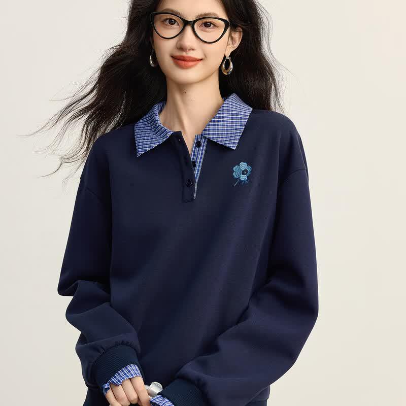 Women s College Style Contrast Plaid Polo Sweatshirt M