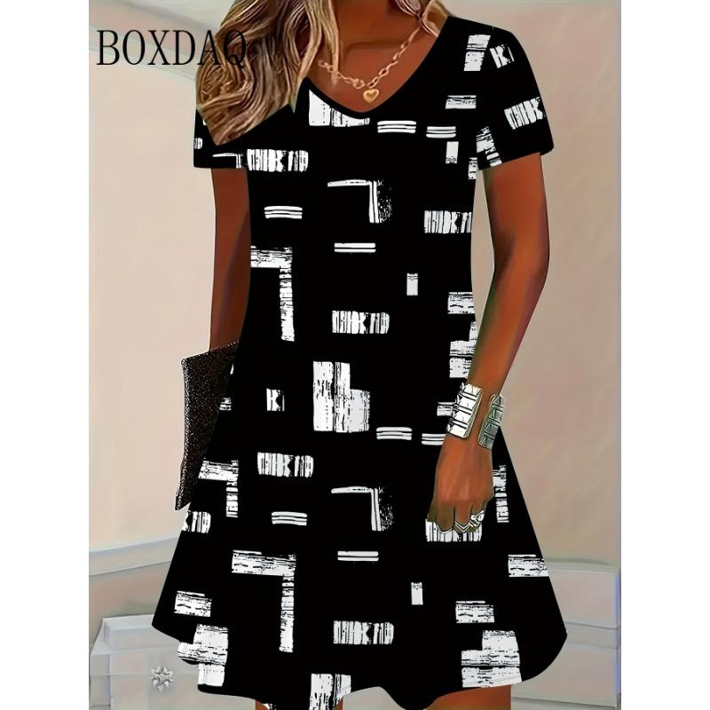 Striped Dresses Summer Elegant Women'S Clothing Fashion V-Neck Flower 3D Print Short Sleeve Dress New Plus Size Loose Dress