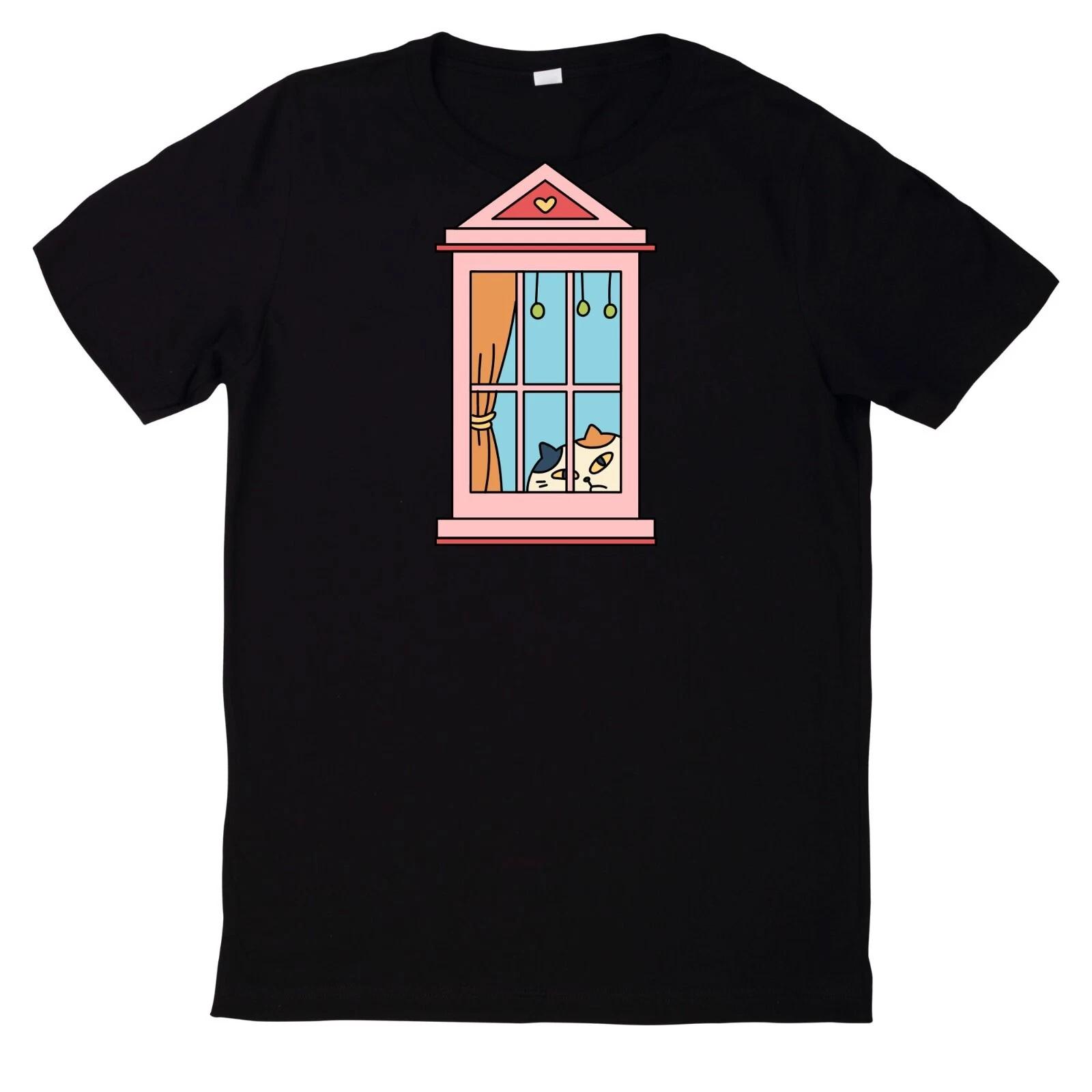 T-Shirt Katze Schaut Aus Dem Fenster Motiv Baumwolle XXL