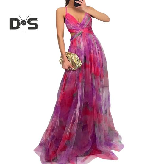 Damen Spaghettiträger Maxikleid Blumen Boho Tiefer V-Ausschnitt Aushöhlen Mesh Plisseekleid Sommer Strand Party Swing Langes Kleid