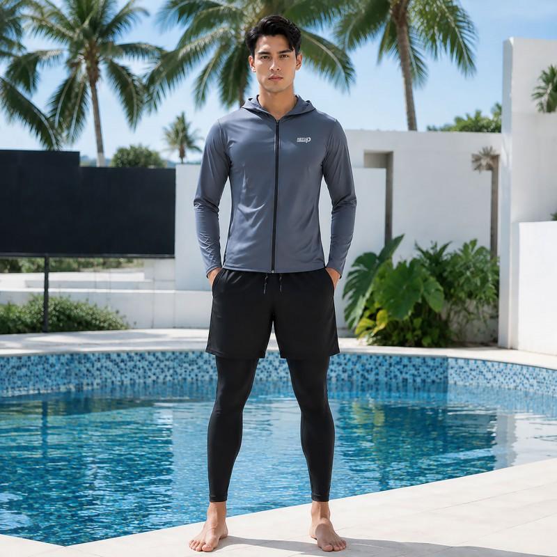 Mens UV Protection Rash Guard Set Long Sleeve Hooded Top Pants Snorkeling Surfing Swimming
