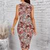 Women Plus Size Crew Neck Sleeveless Midi Dress Navy Blue Base White Cherry Blossom Branch Print Bodycon Dress