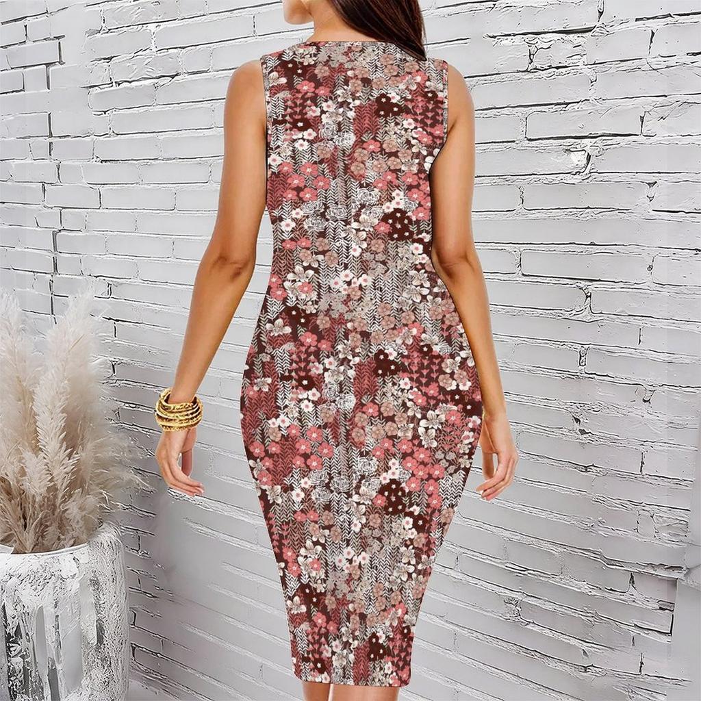 Women Plus Size Crew Neck Sleeveless Midi Dress Navy Blue Base White Cherry Blossom Branch Print Bodycon Dress