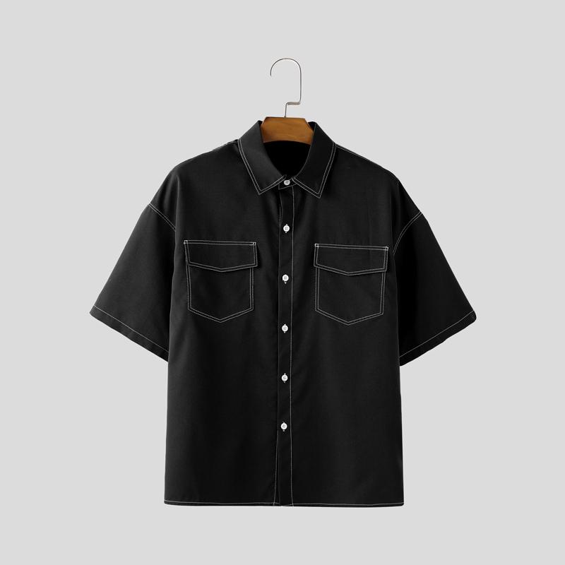 

INCERUN Летние мужские рубашки оверсайз с лацканами, коротким рукавом, однотонные, свободного кроя, повседневные S чёрный