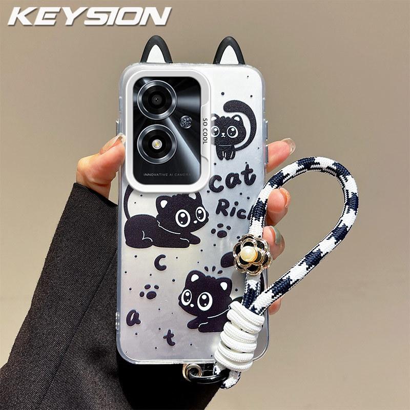 KEYSION Cute Ear Cartoon Case for OPPO A79 5G with Lanyard Soft Silicone+PC Shockproof Phone Back Cover for OPPO A79 5G