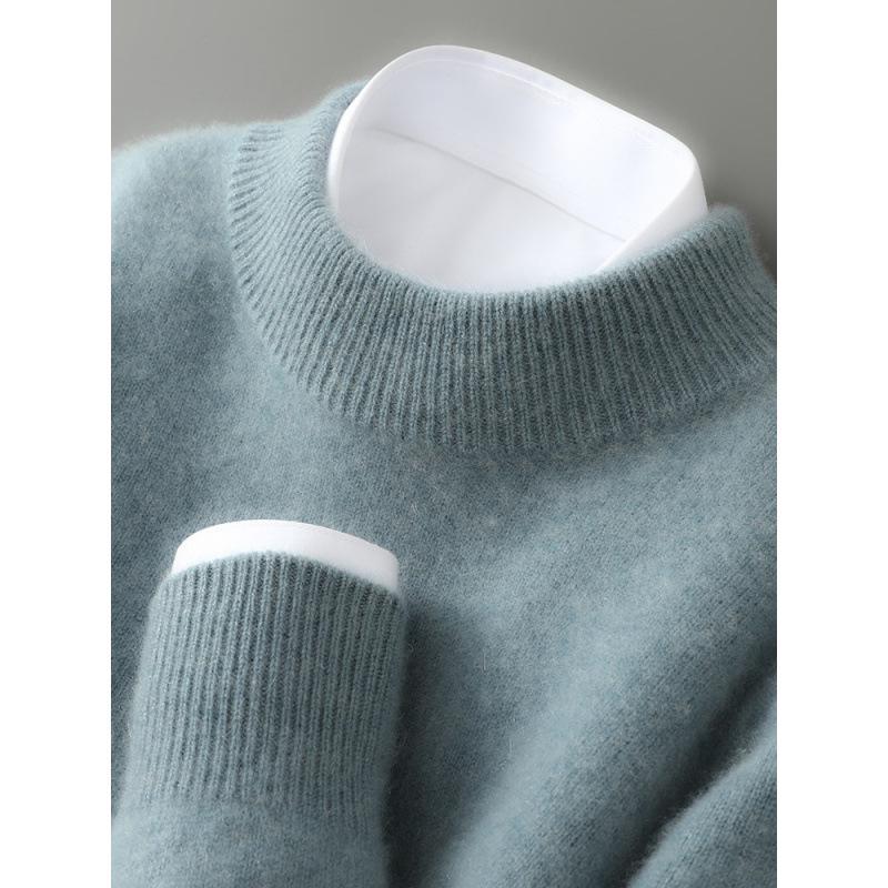 Men's 100% Wool Half-High Neck Sweater - Versatile Natural Fiber Knitwear for Autumn/Winter