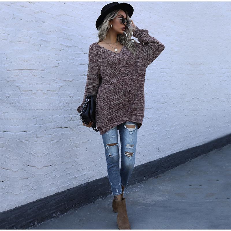 Autumn Winter Sweater Ladies Pullover V-neck Long Sleeve Mid-length Black Luxury Women's Sweaters