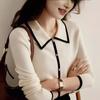 Women's clothing contrasting colors spring and autumn new long-sleeved lapel sweater small fresh knitted sweater women