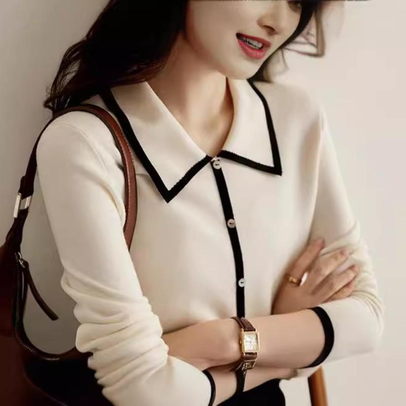 Women's clothing contrasting colors spring and autumn new long-sleeved lapel sweater small fresh knitted sweater women