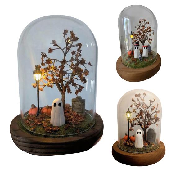 Halloween Ghost Pumpkin Lantern Lighted Glass Dome Cloche Horror Desktop Ornament for Home Fireplace Table Indoor Night Light