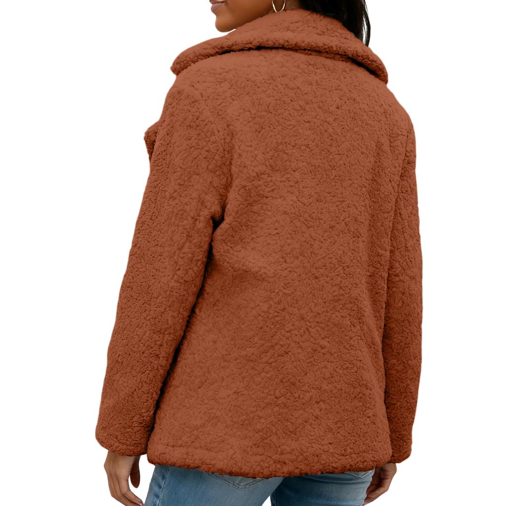 Ladies' Fashionable Lapel Long Sleeved Button With Pockets Plush Solid Color Jacket
