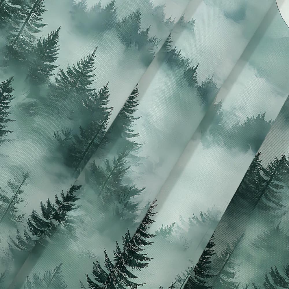 Misty Green Forest Shower Curtain – Foggy Pine Trees & Mountain View, Rustic Nature Bathroom Decor 12Pcs Hooks