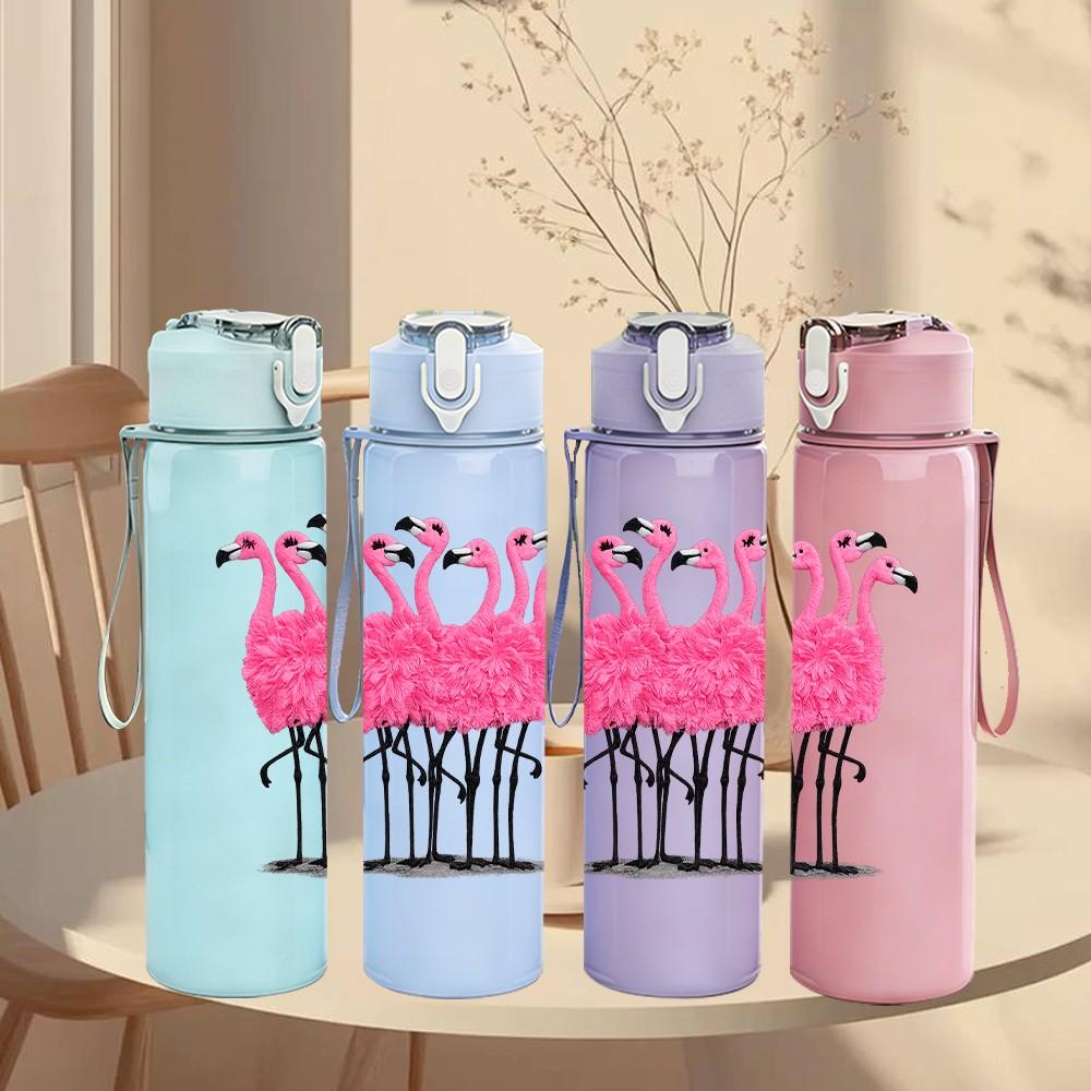 1PC Pink Flamingo Bird Tropical Print 750ml Color Plastic Sports Water Bottle Leakproof Flip Straw Lid Suitable for Sports Office Home Use