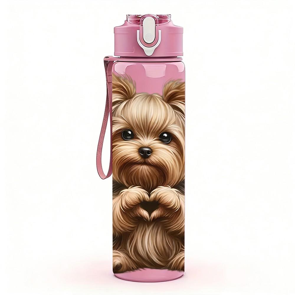 1PC Cute Yorkshire Puppy Portrait 750ml Color Plastic Sports Water Bottle Leakproof Flip Straw Lid Suitable for Sports Office Home Use