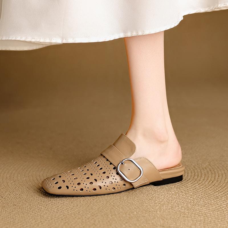 

Fashion 2025 Summer Women Mules Genuine Leather Women Shoes Square Toe Chunky Heel Cover Toe Sandals Hollow Out Modern Slippers 34