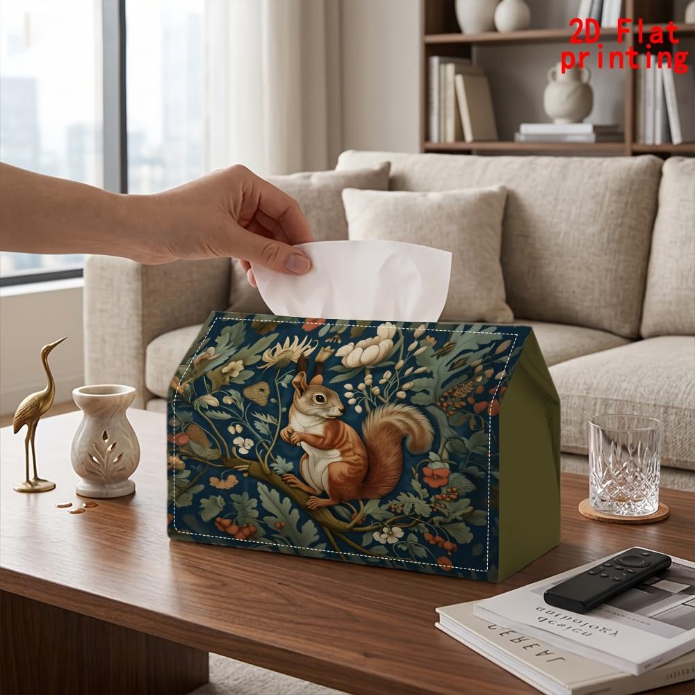 2D Flat 1pc, Tissue Box. Squirrel Floral Pattern Napkin Dispenser, Reusable, Daily Desktop Tissue Organizer, Suitable for Kitchen Living Room Bedroom