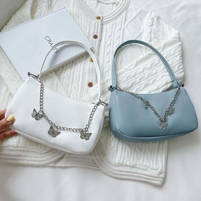 Retro Shoulder Bag for Women Fashion PU Underarm Bag Simple Solid Color Armpit Bag Butterfly Chain Top-handle Handbag