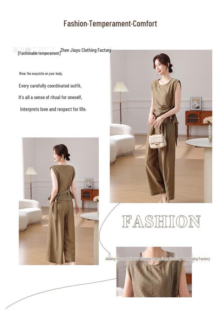 Elegant Sleeveless Tie-Waist T-Shirt Set for Middle-Aged Women - Stylish Summer Two-Piece