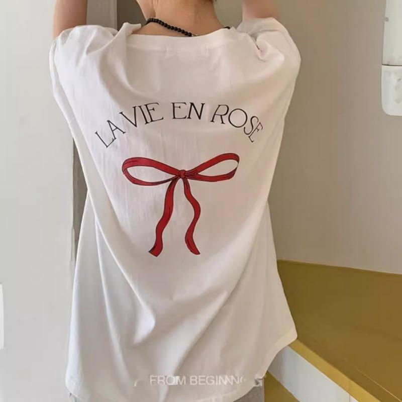 

Летняя футболка из хлопка с круглым вырезом, свободного кроя, с принтом в виде банта, женская, с коротким рукавом, простая, на каждый день, пуловер, топ M белый