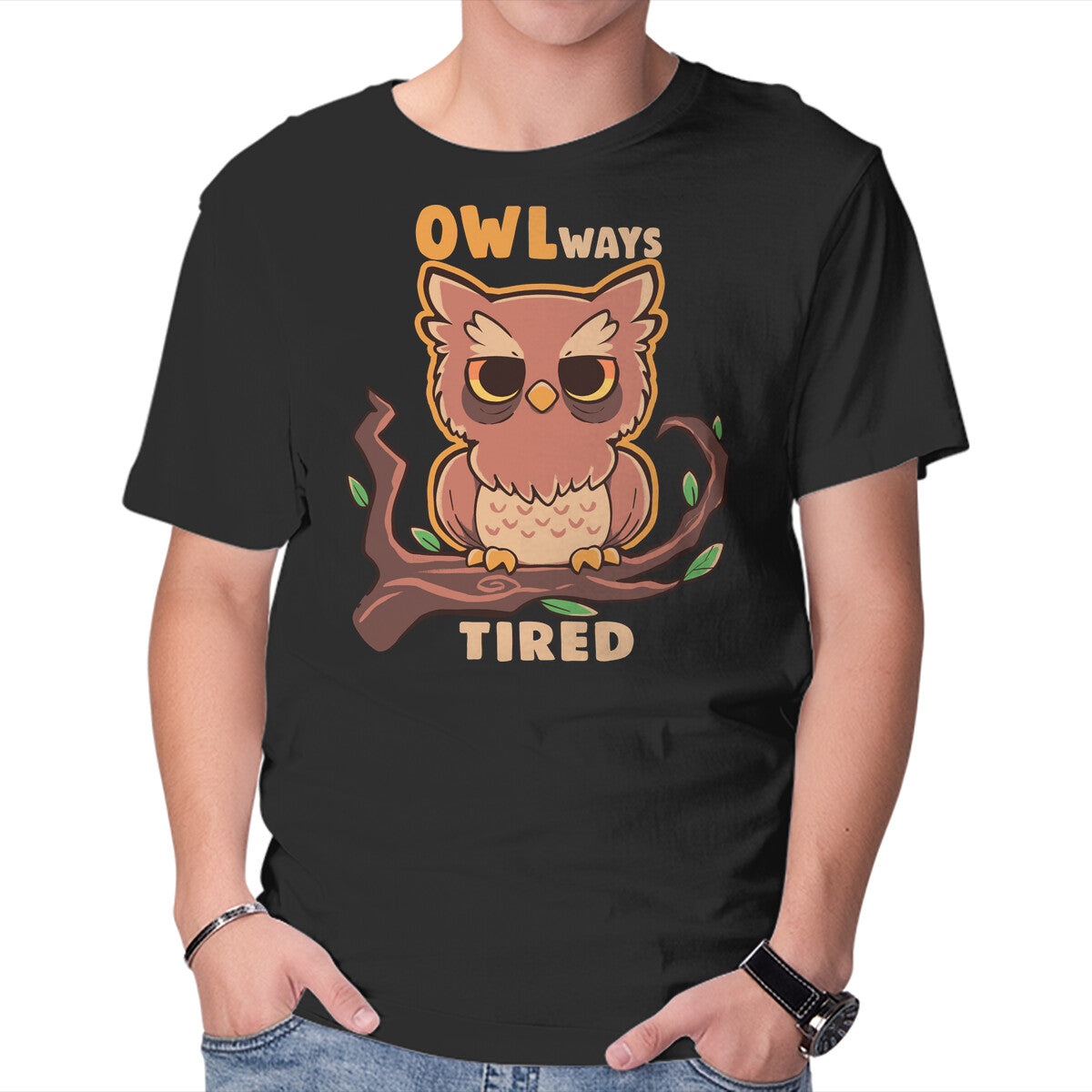 Unisex Crew Neck T-Shirt Owlways Tired Graphic Short Sleeve Casual Tee S