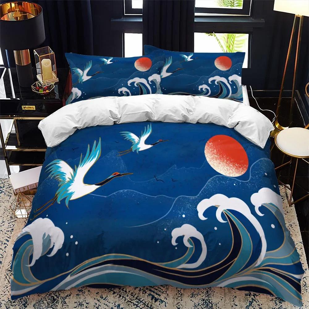 Dynetrekk i japansk stil King Queen Full størrelse Ukiyo-e-tema bølgemønster polyester sengetøysett Fuji Mountain Exotic Style