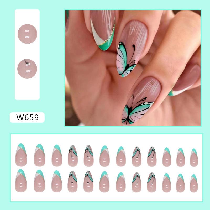 Triangle splicing French lake green small fresh almond nail cute butterfly fake nail wearable piece batch