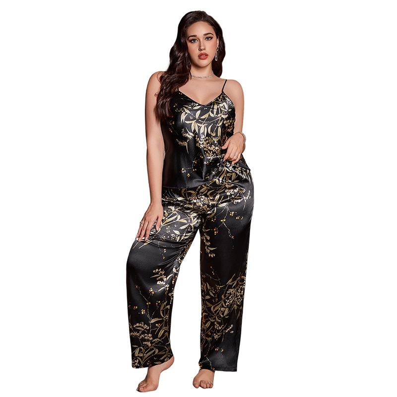 Nuovo set di pigiami in seta sintetica stile europeo e americano, stampa alla moda, sexy camicia da notte da donna, taglia grande, abbigliamento da casa casual