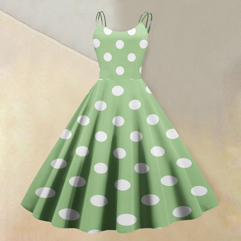 Women Sleeveless Polka Dot Print Dress Round Neck Vintage Style Fit Flare Midi Dress with Double Straps