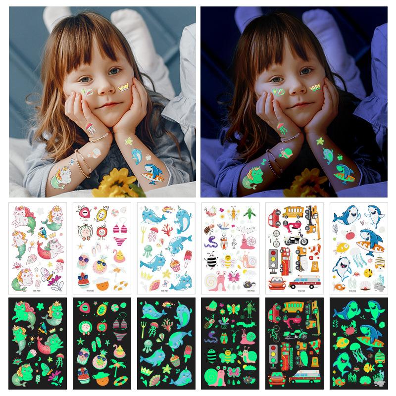 10Sheets Luminous Tattoo Anime Stickers Toys Children Body Art Temporary Fake Tattoos Waterproof Cartoon Unicorn Animal Mermaid