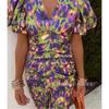 New European, American, Printed Casual V-neck Tight-fitting Hip-wrapped Waist Bubble Short-sleeved Dress